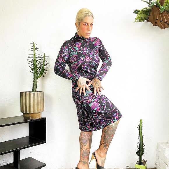 VIRGIN WOOL KNIT 60’s 60s Vintage 70’s 70s Kimberly Knit Geometric Black Dress M - Picture 8 of 11